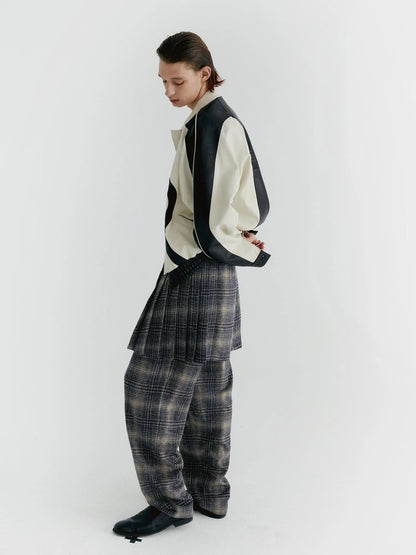 Blue Check Tweed Wide Leg Trousers With Layered Pleated Skirt Detail