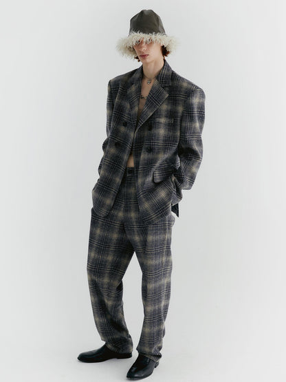 Delivery Blue Check Tweed Wide Leg Trousers With Layered Pleated Skirt Detail