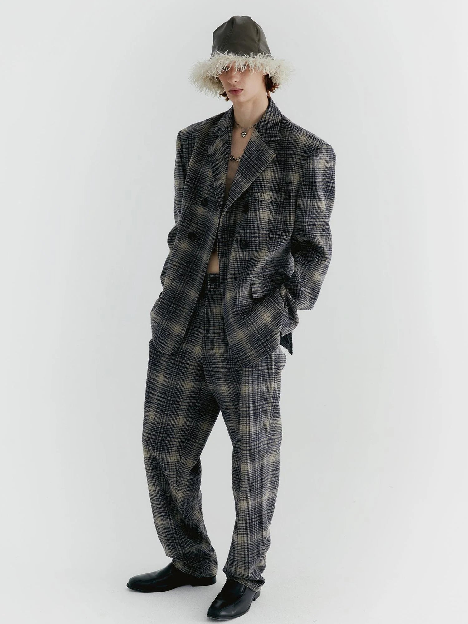 Blue Check Tweed Wide Leg Trousers With Layered Pleated Skirt Detail