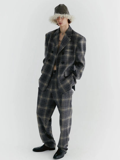 Blue Check Tweed Wide Leg Trousers With Layered Pleated Skirt Detail