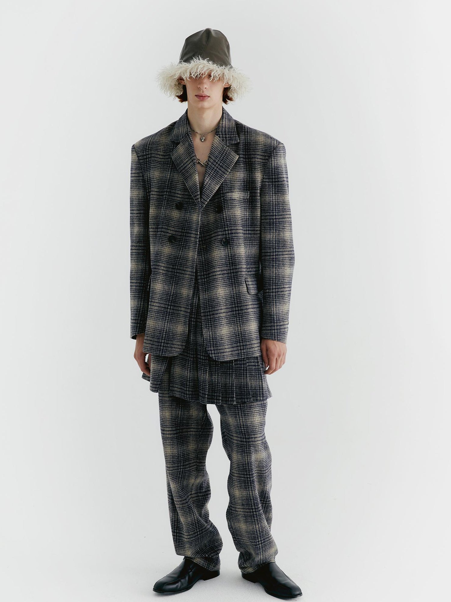 Delivery Blue Check Tweed Wide Leg Trousers With Layered Pleated Skirt Detail