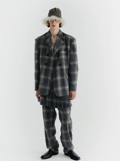 Delivery Blue Check Tweed Wide Leg Trousers With Layered Pleated Skirt Detail