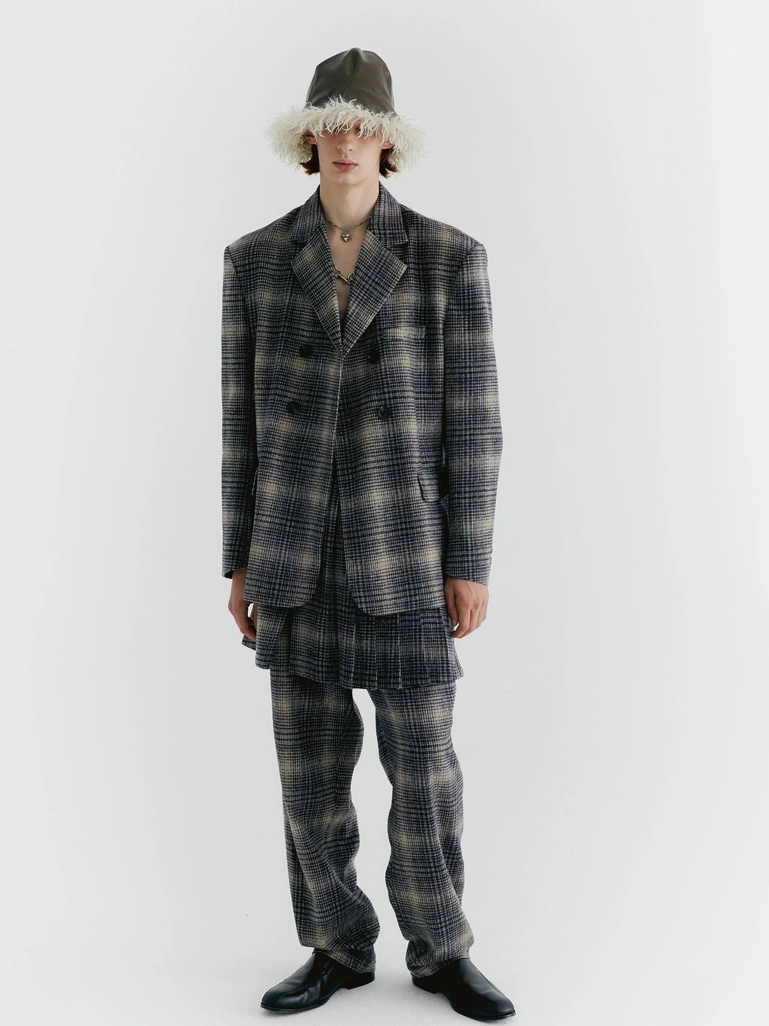 Blue Check Tweed Wide Leg Trousers With Layered Pleated Skirt Detail