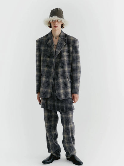 Blue Check Tweed Wide Leg Trousers With Layered Pleated Skirt Detail