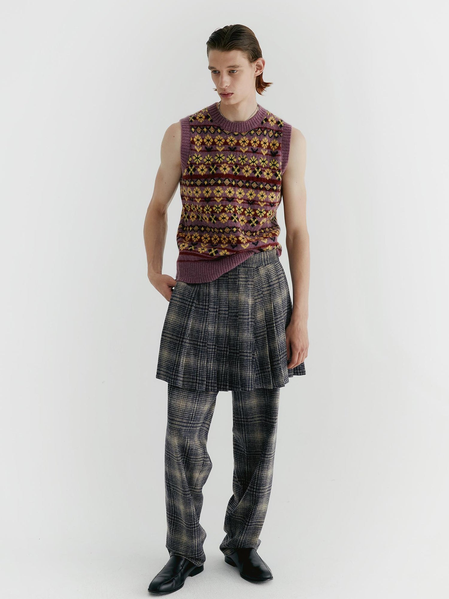 Delivery Blue Check Tweed Wide Leg Trousers With Layered Pleated Skirt Detail