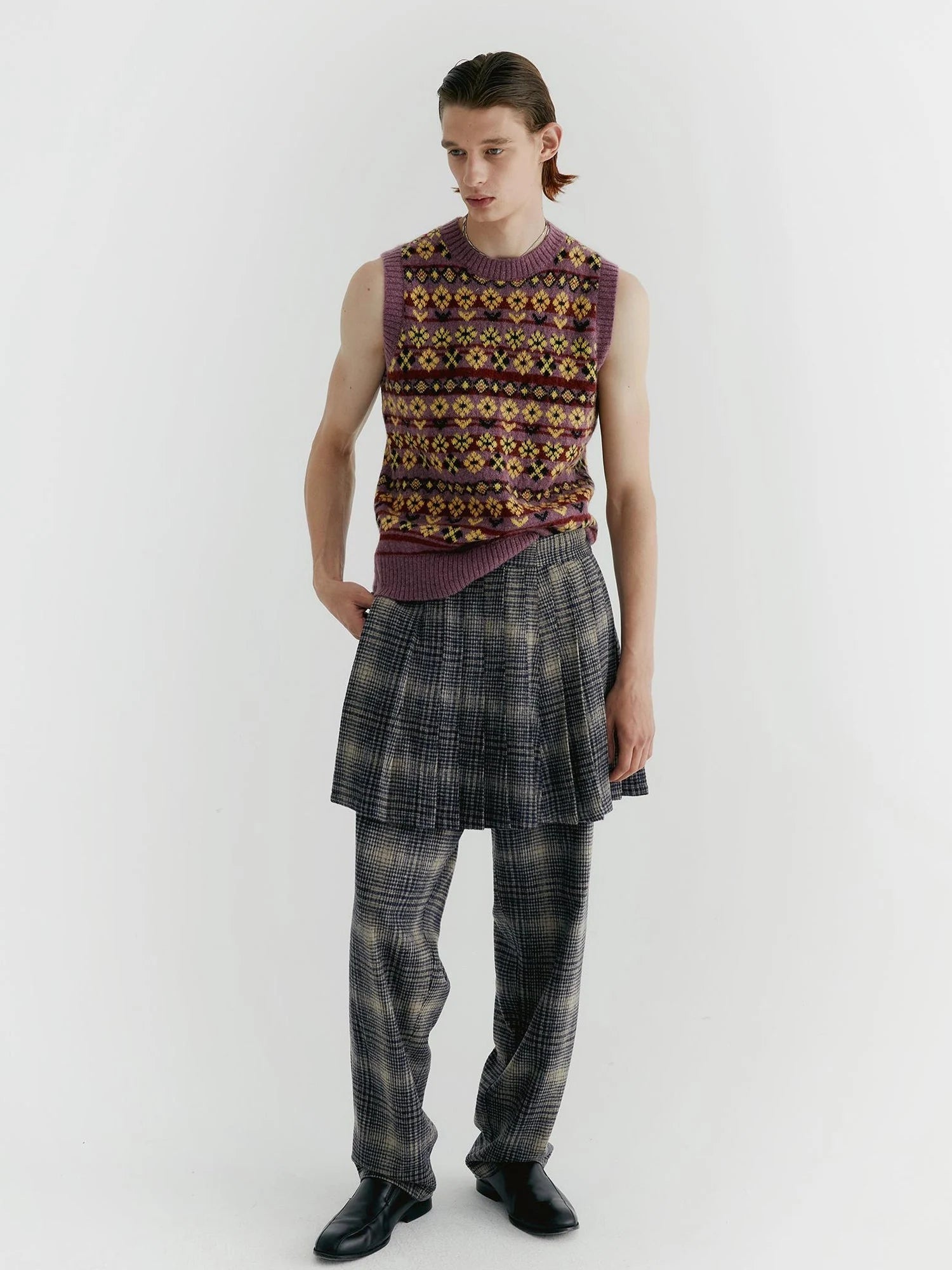 Blue Check Tweed Wide Leg Trousers With Layered Pleated Skirt Detail