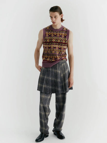 Blue Check Tweed Wide Leg Trousers With Layered Pleated Skirt Detail