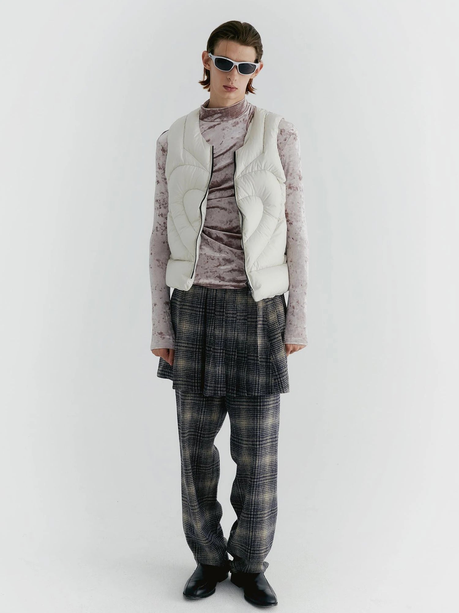 Blue Check Tweed Wide Leg Trousers With Layered Pleated Skirt Detail