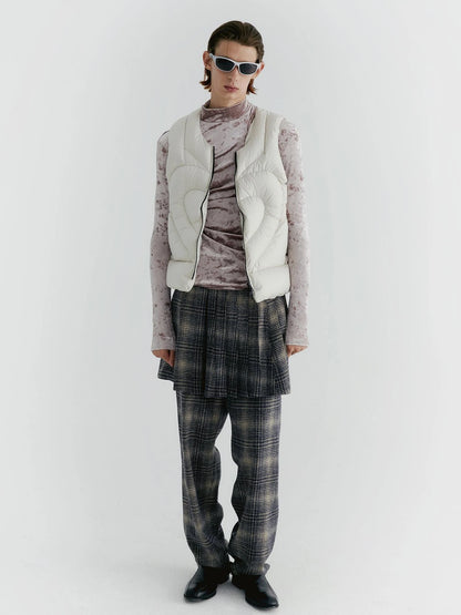 Blue Check Tweed Wide Leg Trousers With Layered Pleated Skirt Detail