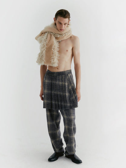 Delivery Blue Check Tweed Wide Leg Trousers With Layered Pleated Skirt Detail