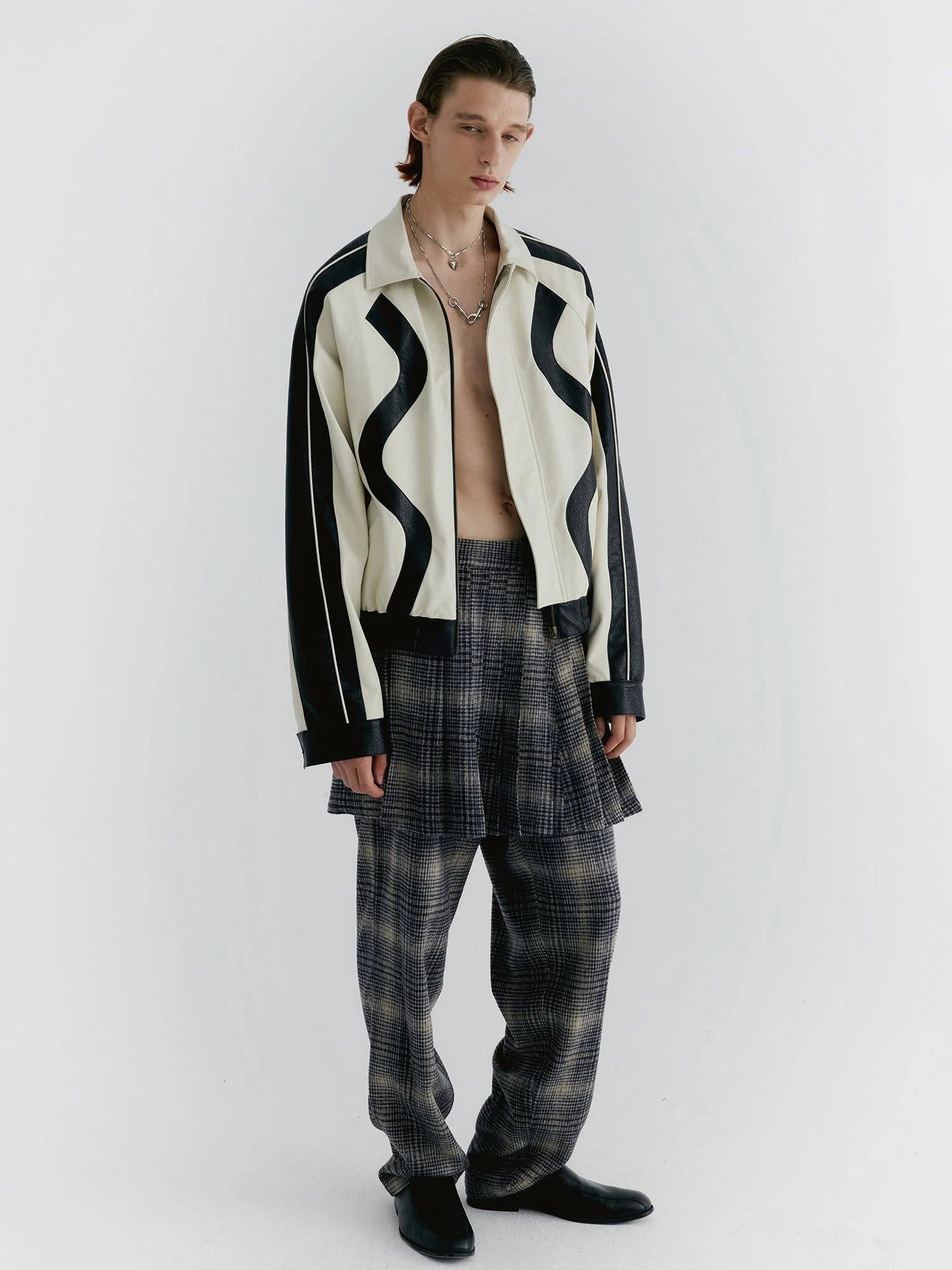 Blue Check Tweed Wide Leg Trousers With Layered Pleated Skirt Detail