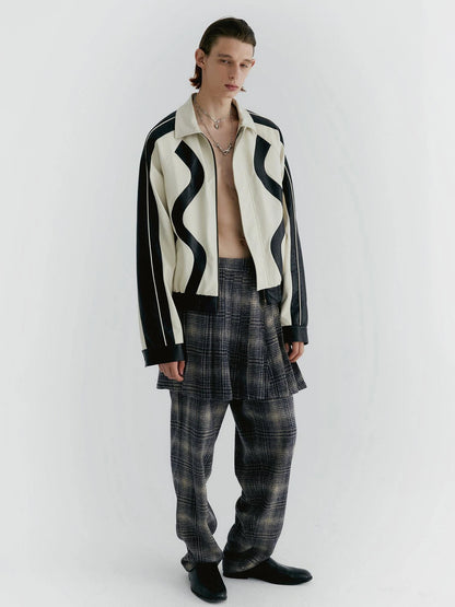 Blue Check Tweed Wide Leg Trousers With Layered Pleated Skirt Detail