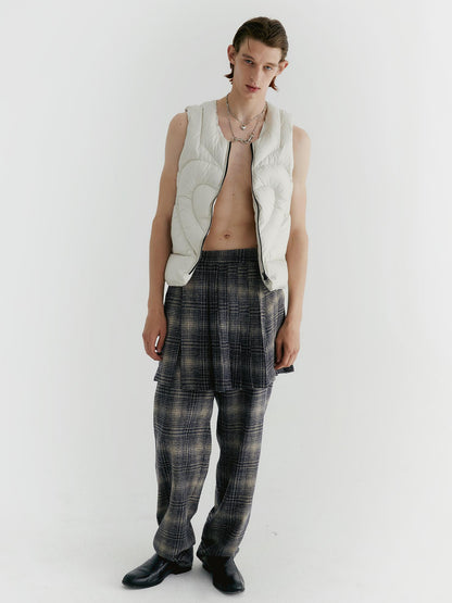 Delivery Blue Check Tweed Wide Leg Trousers With Layered Pleated Skirt Detail