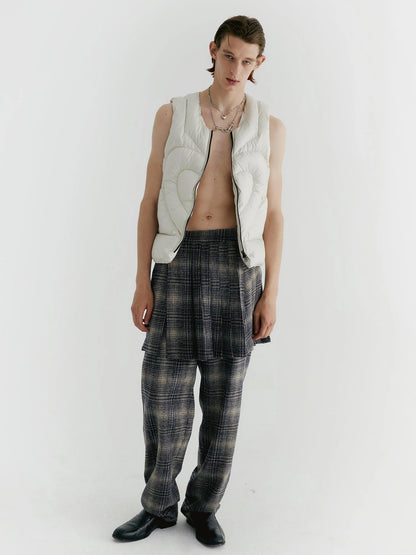 Blue Check Tweed Wide Leg Trousers With Layered Pleated Skirt Detail