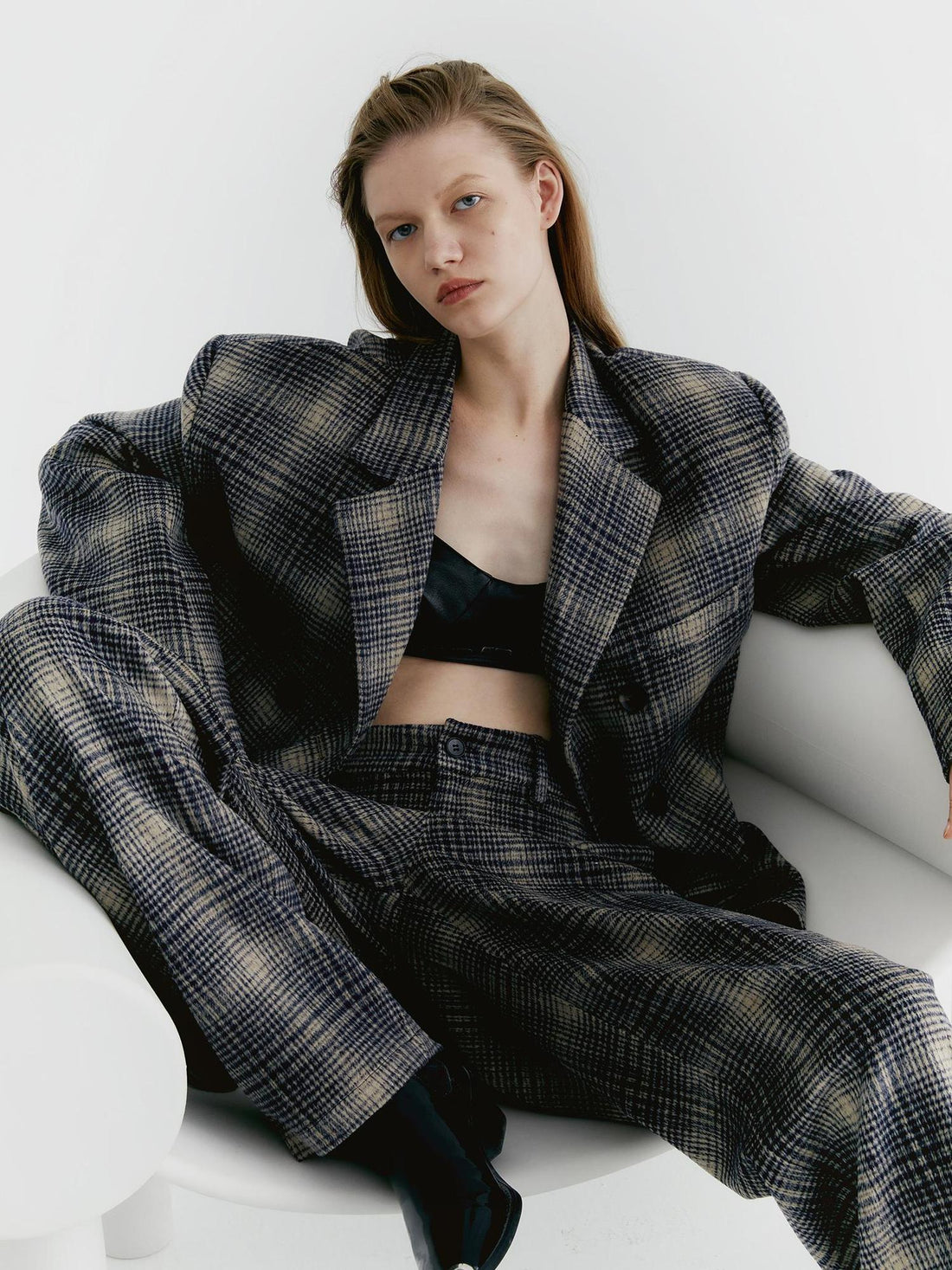 Delivery Blue Check Tweed Wide Leg Trousers With Layered Pleated Skirt Detail