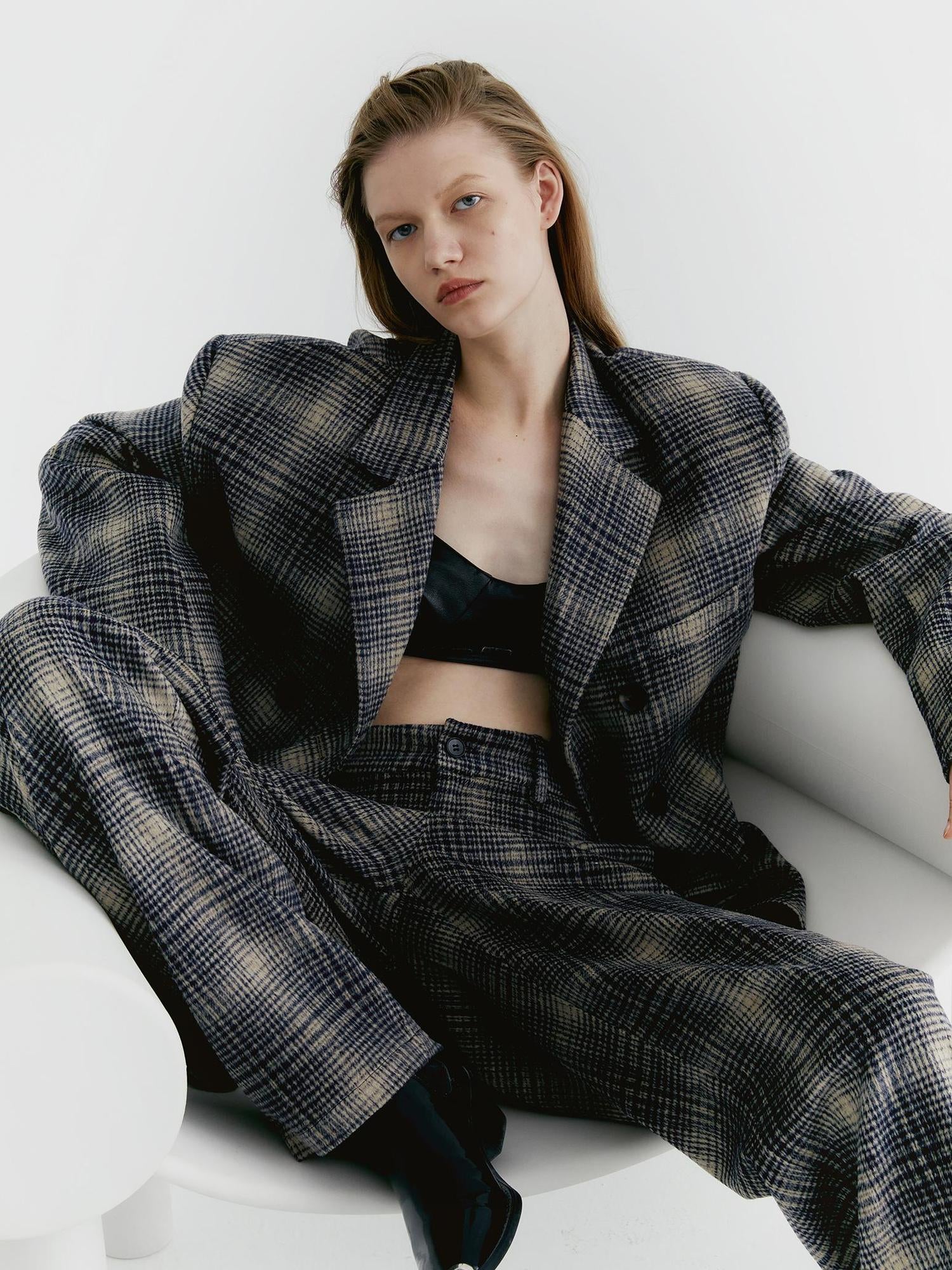 Delivery Blue Check Tweed Wide Leg Trousers With Layered Pleated Skirt Detail