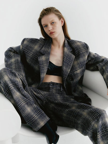 Blue Check Tweed Wide Leg Trousers With Layered Pleated Skirt Detail