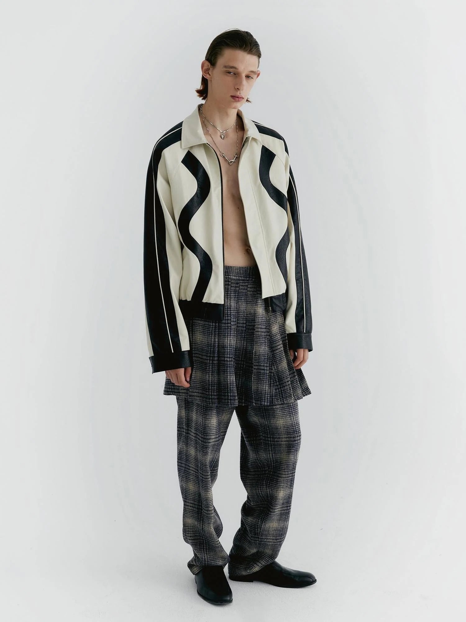 Blue Check Tweed Wide Leg Trousers With Layered Pleated Skirt Detail