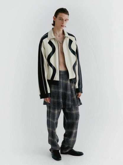 Blue Check Tweed Wide Leg Trousers With Layered Pleated Skirt Detail