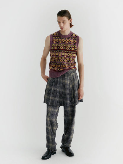 Delivery Blue Check Tweed Wide Leg Trousers With Layered Pleated Skirt Detail