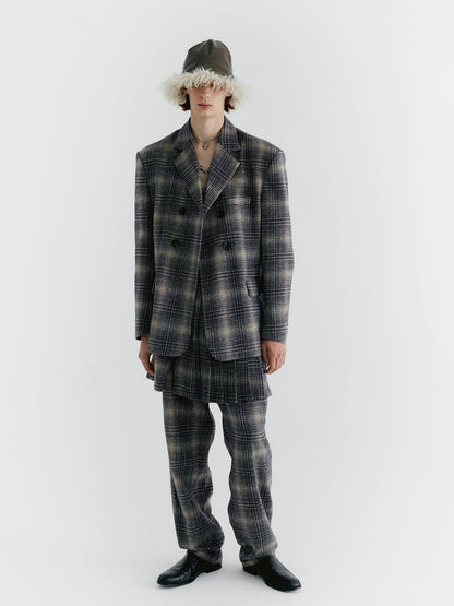 Delivery Blue Check Tweed Wide Leg Trousers With Layered Pleated Skirt Detail