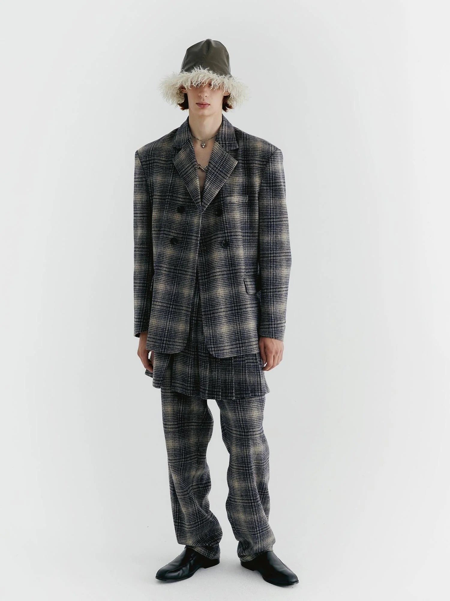 Blue Check Tweed Wide Leg Trousers With Layered Pleated Skirt Detail