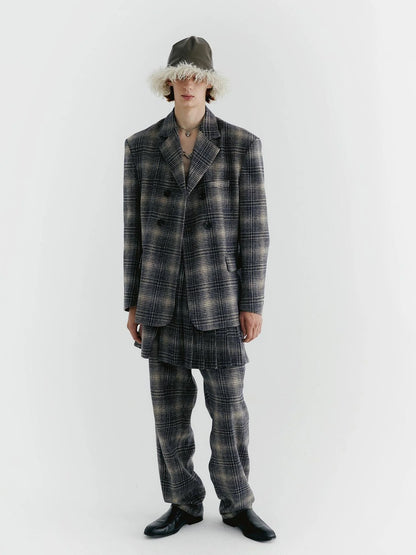 Blue Check Tweed Wide Leg Trousers With Layered Pleated Skirt Detail