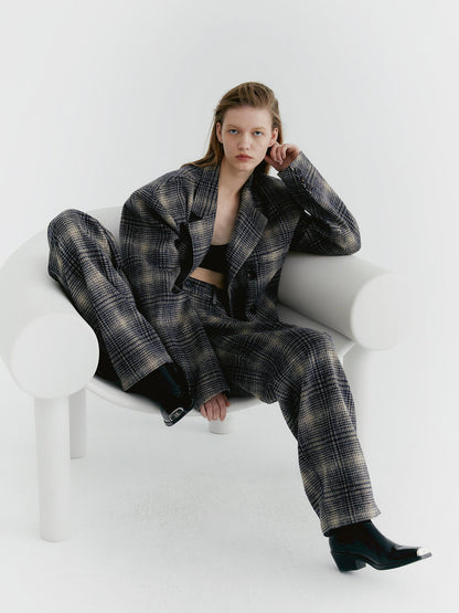 Delivery Blue Check Tweed Wide Leg Trousers With Layered Pleated Skirt Detail