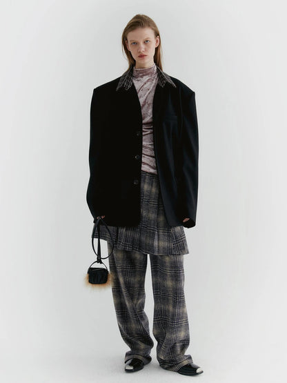 Blue Check Tweed Wide Leg Trousers With Layered Pleated Skirt Detail