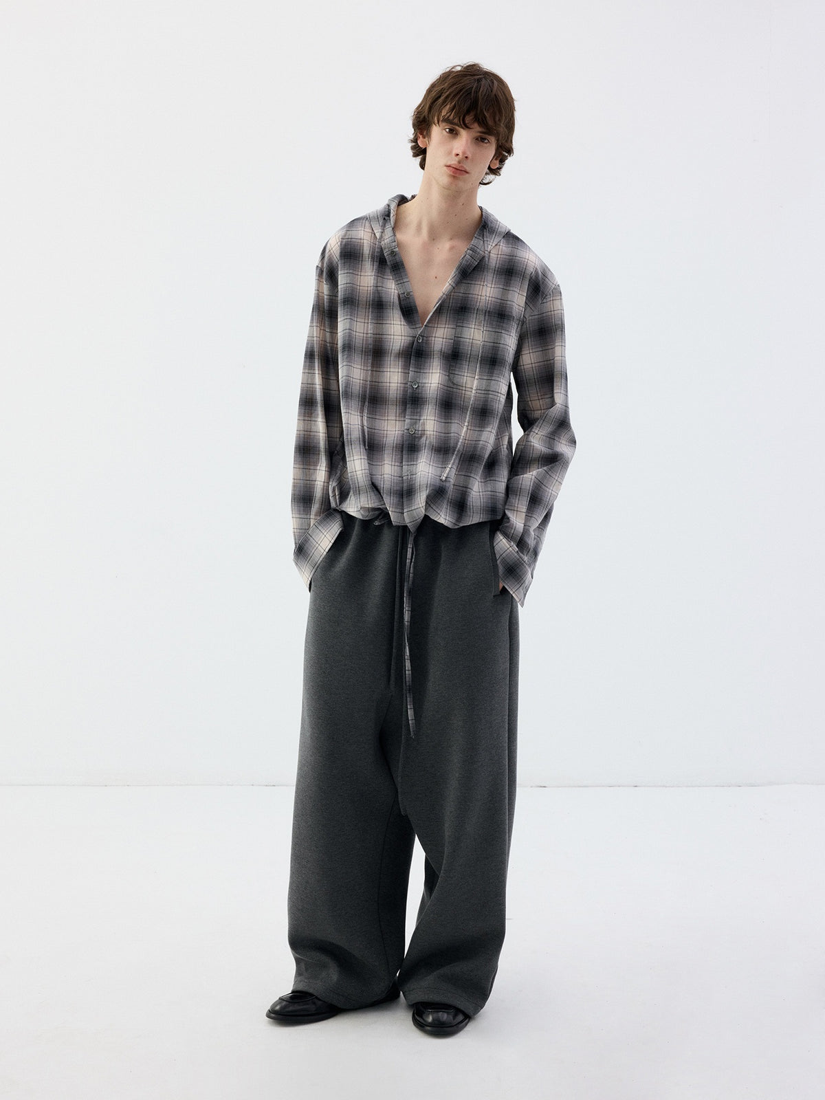 Delivery_Blue_Gray_Plaid_Drawstring_Hooded_Long_Sleeve_Cotton_Women&
