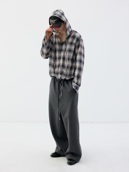 Delivery Blue Gray Plaid Drawstring Hooded Long Sleeve Cotton Women&