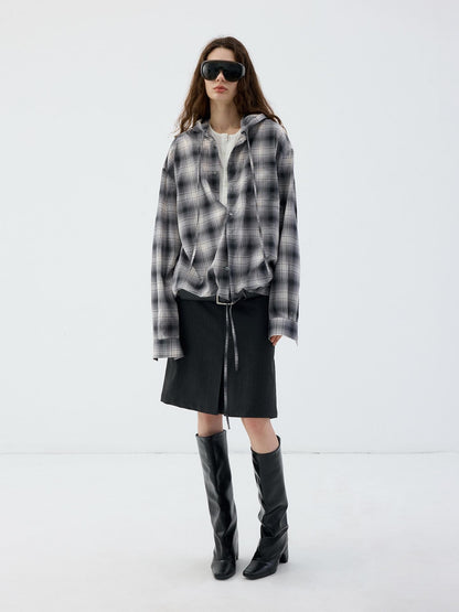 Delivery Blue Gray Plaid Drawstring Hooded Long Sleeve Cotton Women&