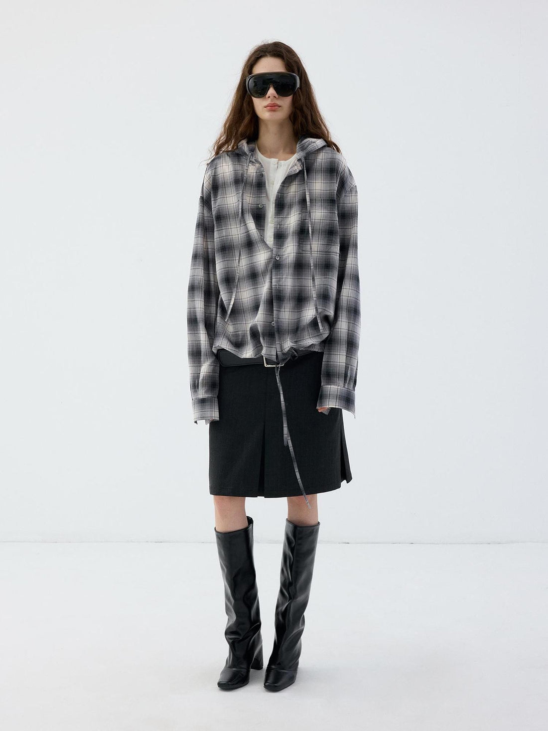 Delivery Blue Gray Plaid Drawstring Hooded Long Sleeve Cotton Women&