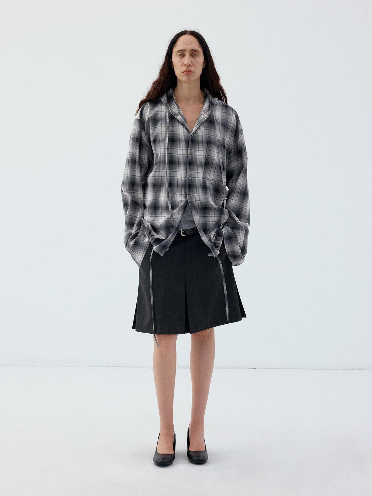 Delivery Blue Gray Plaid Drawstring Hooded Long Sleeve Cotton Women&