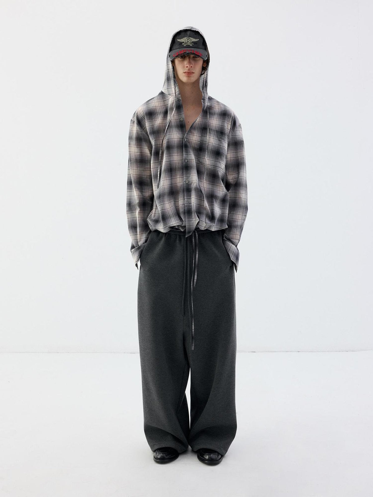 Delivery Blue Gray Plaid Drawstring Hooded Long Sleeve Cotton Women&