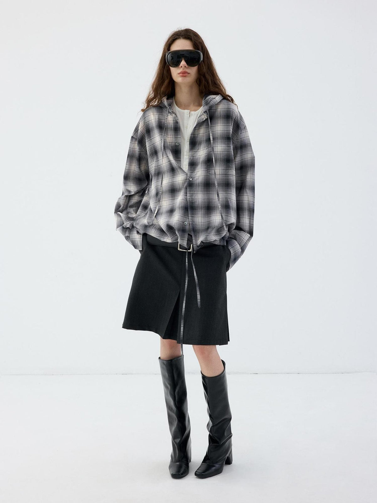 Delivery Blue Gray Plaid Drawstring Hooded Long Sleeve Cotton Women&