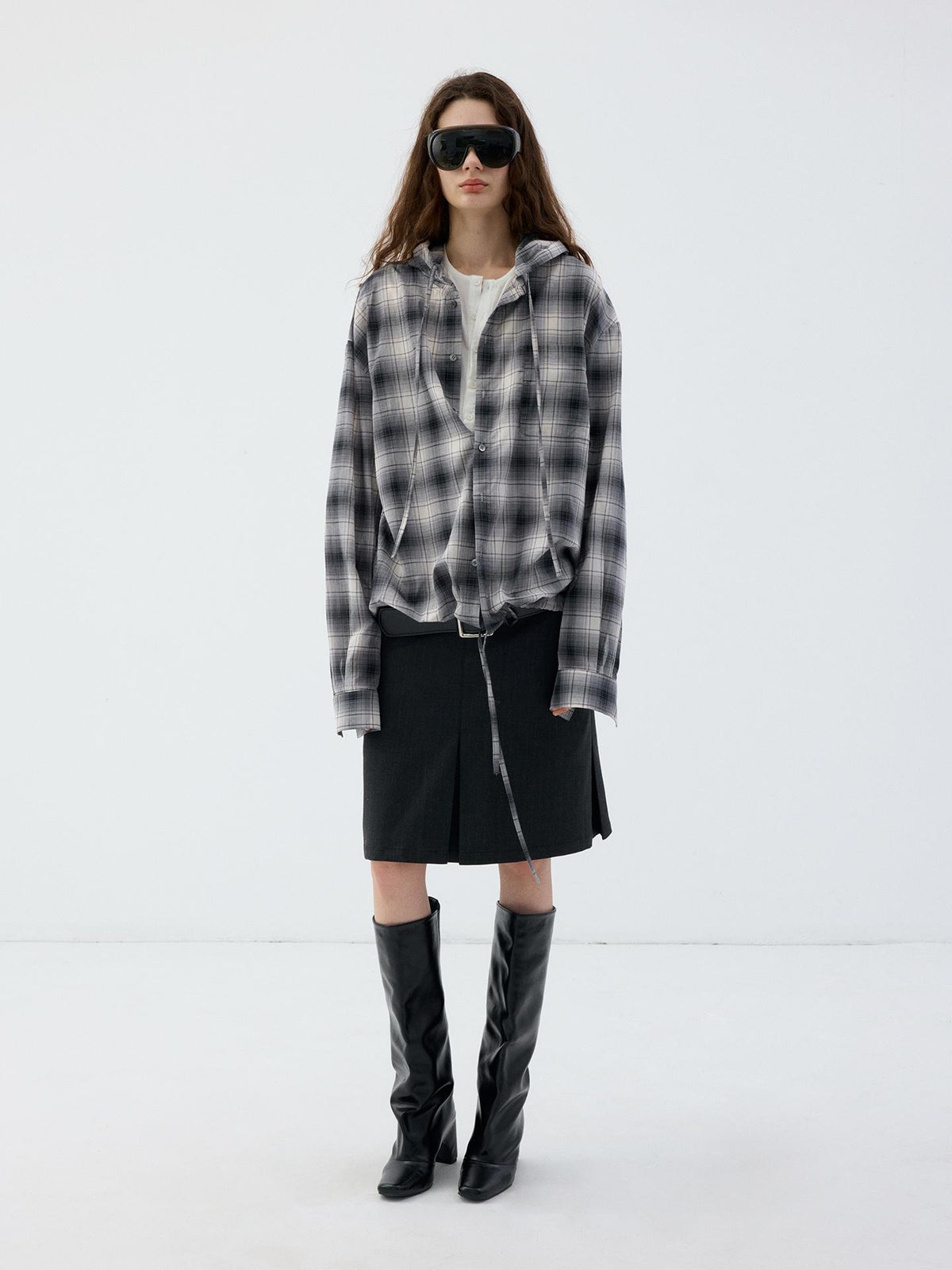 Delivery Blue Gray Plaid Drawstring Hooded Long Sleeve Cotton Women&