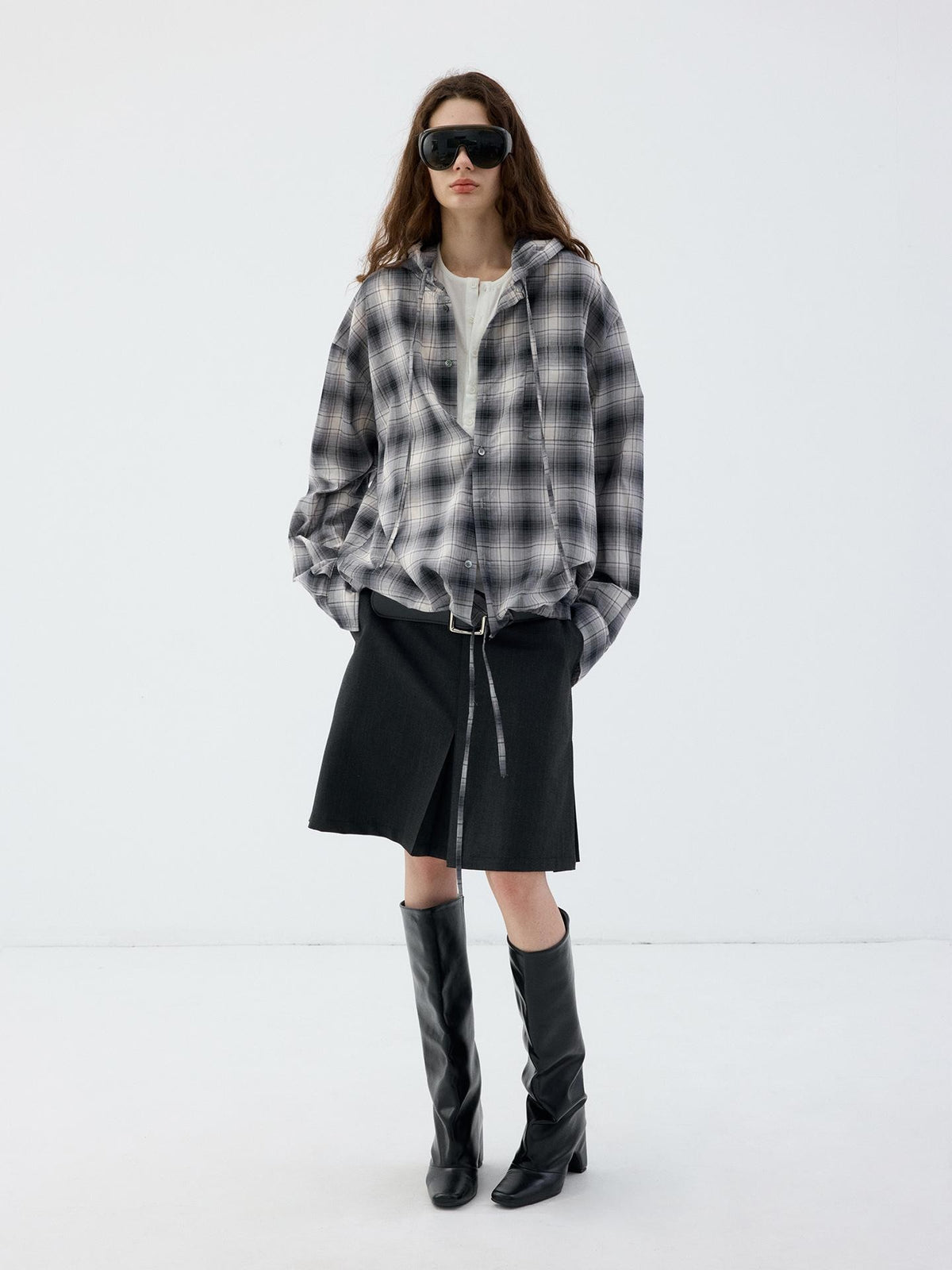 Delivery Blue Gray Plaid Drawstring Hooded Long Sleeve Cotton Women&