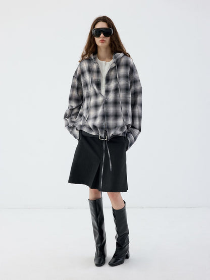 Delivery Blue Gray Plaid Drawstring Hooded Long Sleeve Cotton Women&