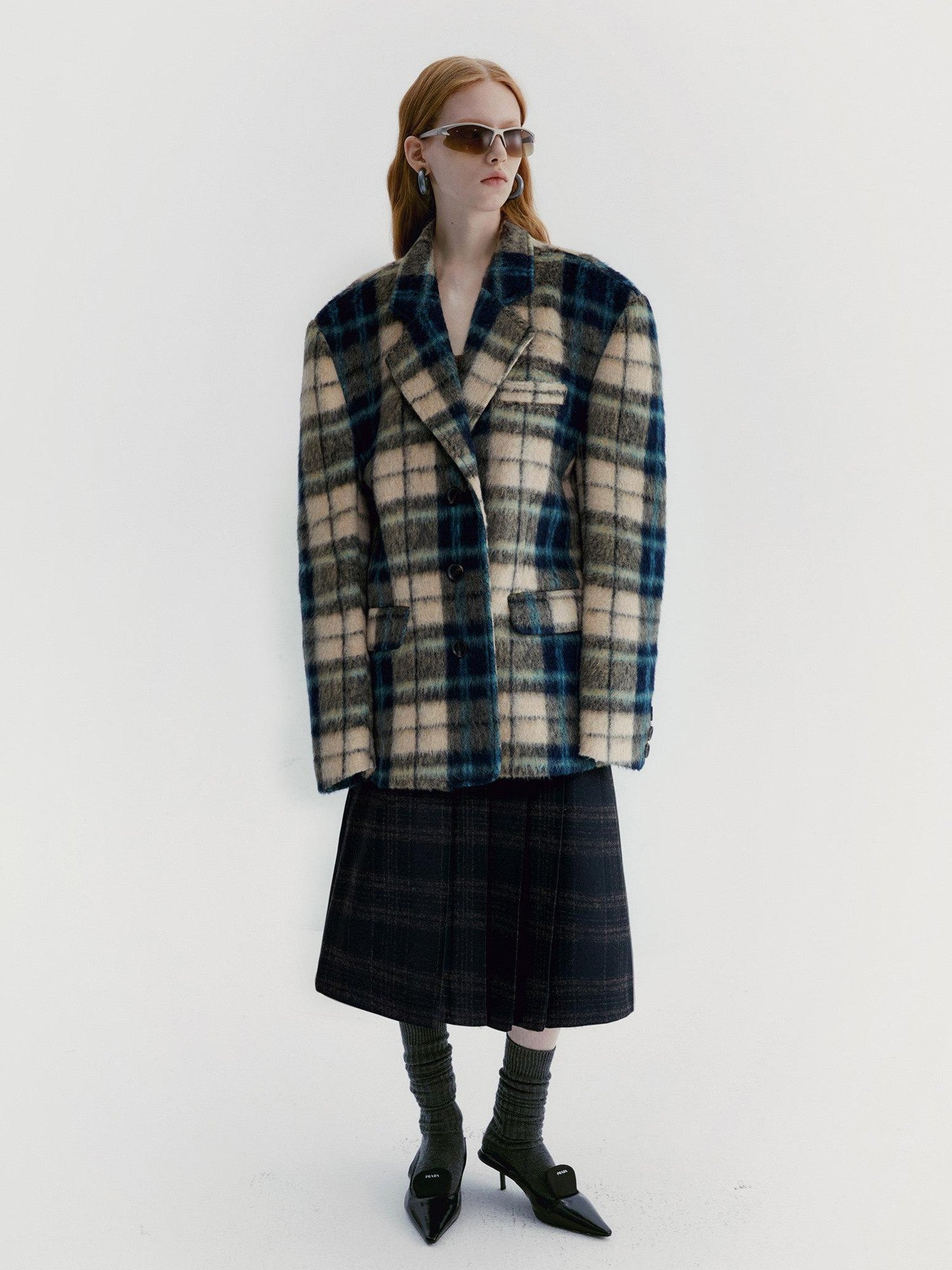 Delivery Blue Yellow Plaid Short Pile Relaxed Fit Women&