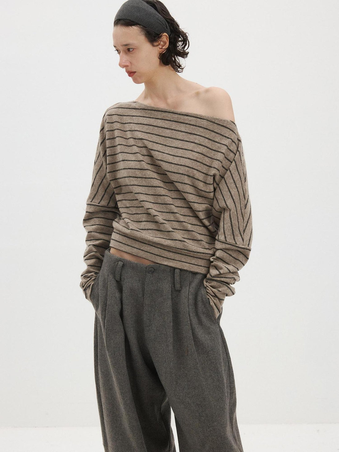 Delivery Brown Black Striped Asymmetric Shoulder Women&
