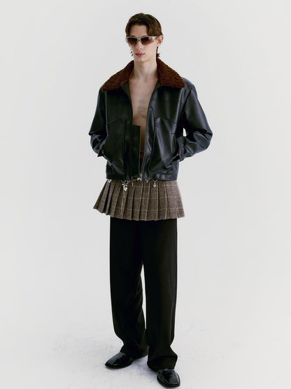 Delivery Brown Fur Collar Paneled Structured Black Pu Women&