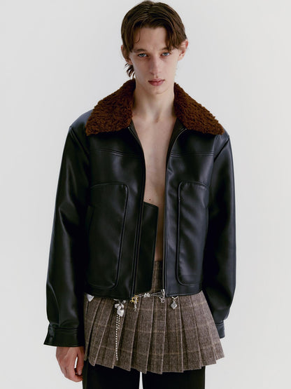 Delivery Brown Fur Collar Paneled Structured Black Pu Women&