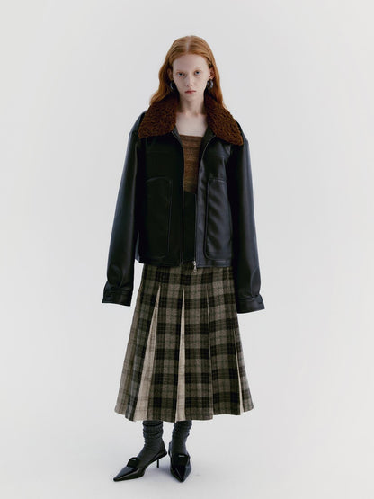 Delivery Brown Fur Collar Paneled Structured Black Pu Women&