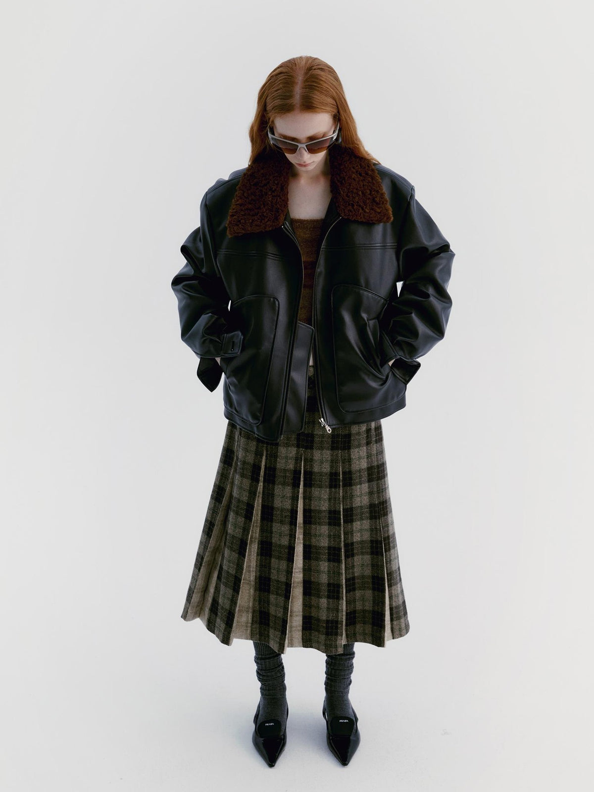 Delivery Brown Fur Collar Paneled Structured Black Pu Women&