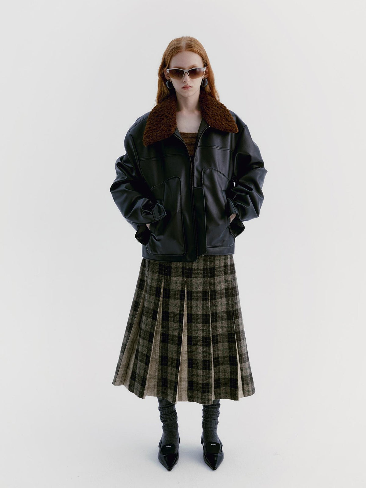 Delivery Brown Fur Collar Paneled Structured Black Pu Women&
