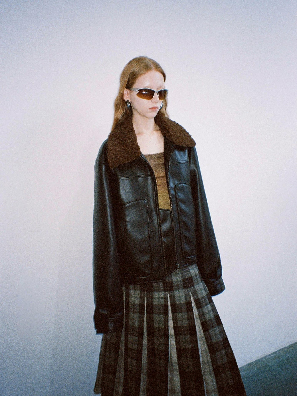 Delivery Brown Fur Collar Paneled Structured Black Pu Women&