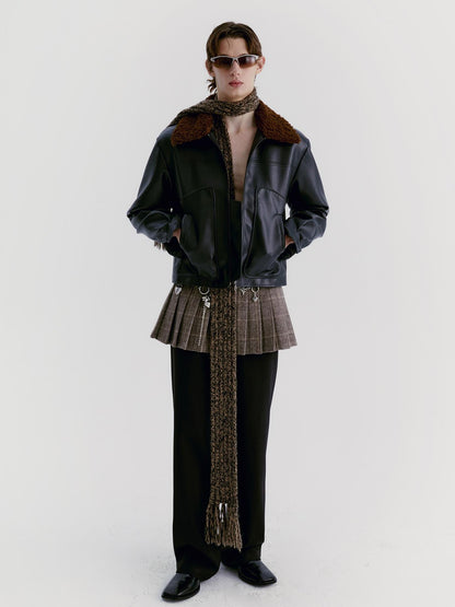 Delivery Brown Fur Collar Paneled Structured Black Pu Women&