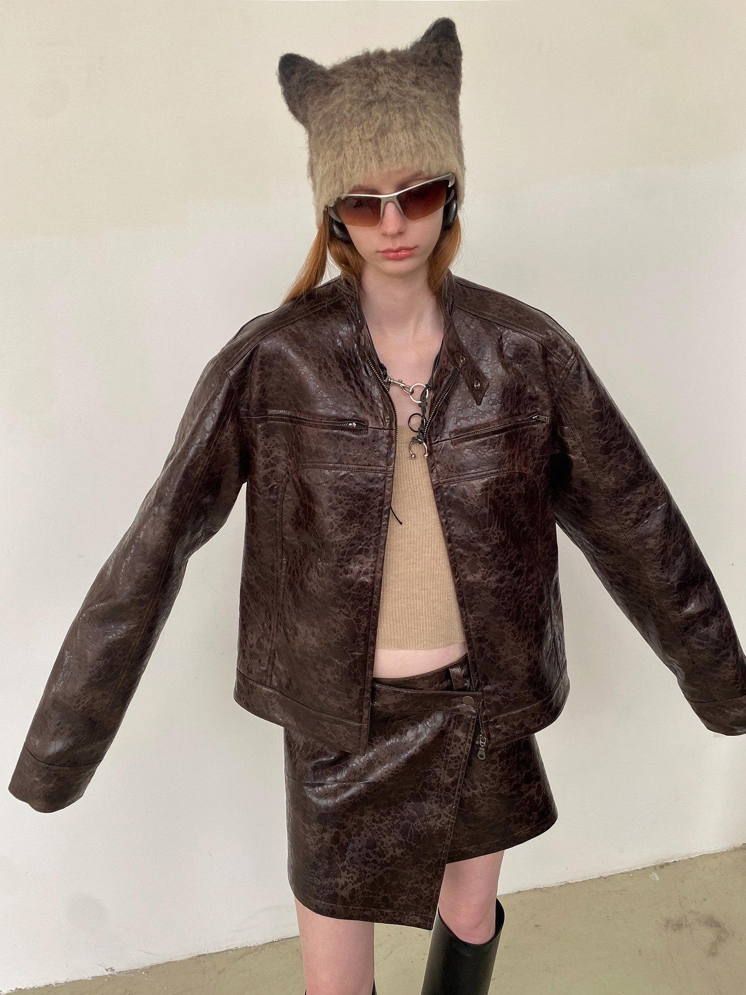Delivery Brown Leopard Print Textured Stand Collar Women&