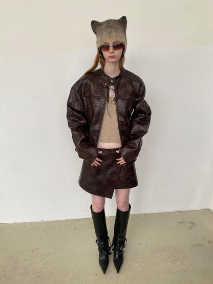 Delivery Brown Leopard Print Textured Stand Collar Women&